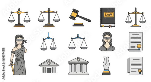 Set of Legal Icons - Scales, Gavel, Lady Justice, and Courthouse.