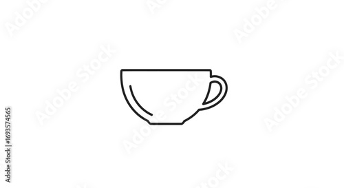 Minimalist black outline icon of a teacup or coffee cup. Simple line art drawing of a mug with a handle, side view.