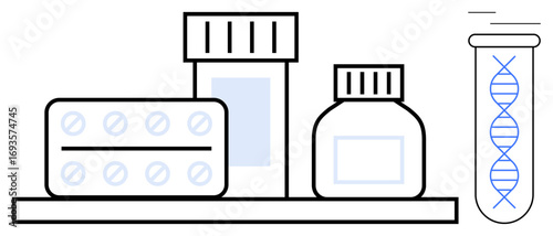 Pill blister pack, medicine bottles, and test tube with DNA strand. Ideal for healthcare, medicine, pharmacy, pharmaceutical research, biotechnology genetics precision medicine. Simple flat
