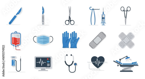 A colorful collection of flat design medical and surgical instrument icons, including a scalpel, stethoscope, and ECG monitor.