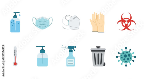 Colorful flat design icon set for hygiene, health, and disease prevention, including mask, sanitizer, virus, and biohazard symbols.