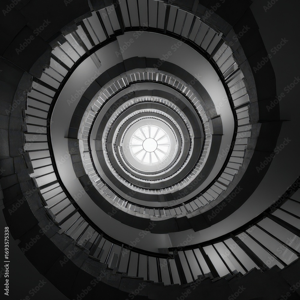 Fototapeta premium Dramatic Black and White Spiral Staircase with Skylight, Architectural Upward View