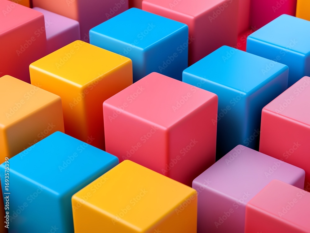 Fototapeta premium Colorful Cubes in Bright Pink Blue Yellow and Purple in Geometric Arrangement