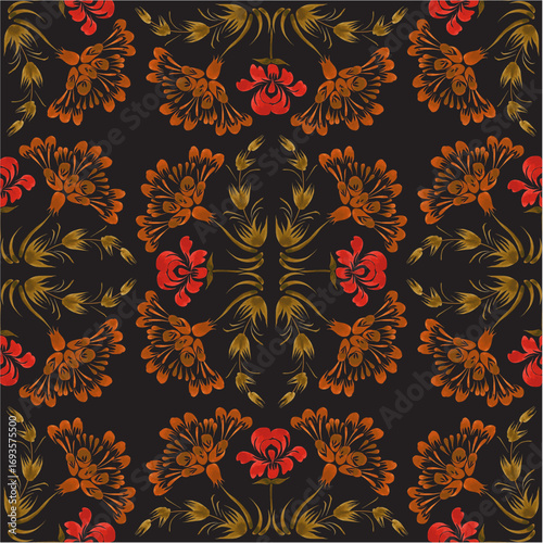 Vector floral seamless pattern from hand painted red flowers on a black background
