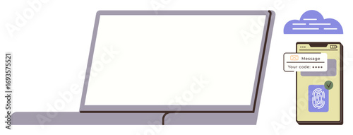 Laptop with blank screen, smartphone displaying verification code and biometric authentication under cloud. Ideal for cybersecurity, authentication, digital access, two-factor authentication