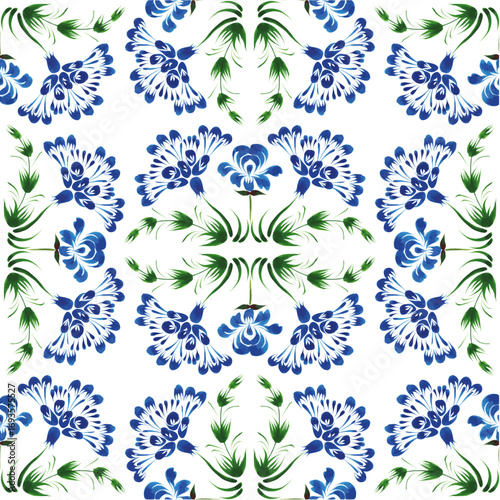 Vector floral seamless pattern from hand painted blue flowers on a white background