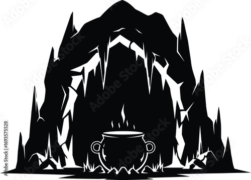 A spooky witch's cauldron sits in front of a dark cave entrance, creating a mysterious and eerie halloween scene