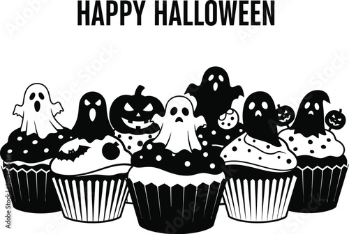 A delightful assortment of halloween cupcakes, decorated with ghosts and pumpkins, perfect for a spooky celebration