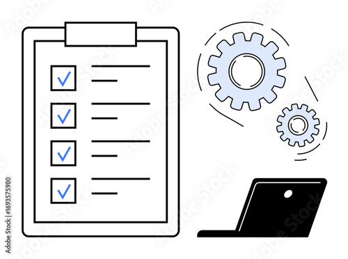Clipboard with checklist, rotating gears, and laptop indicating task planning, automation, and efficiency. Ideal for productivity, workflow, project management, organization business strategy