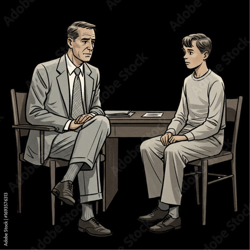 Mid-Century Illustration of Man and Boy in Conversation – Black and White Line Art of Serious Discussion Scene
