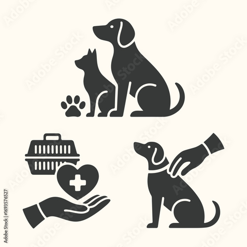 Vector art of set of icons representing veterinary care, pet adoption, and animal companionship