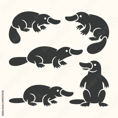 Vector art of a collection of five black platypus illustrations on a cream background, showcasing different poses and angles
