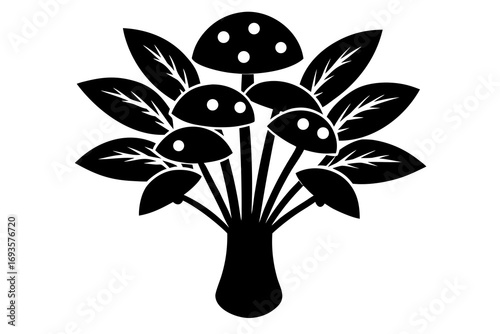Mushroom bouquet with leaves and stems vector silhouette