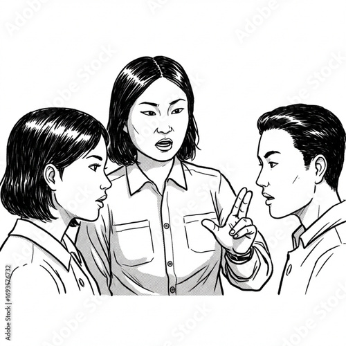 Vintage Black and White Illustration of Serious Discussion – Teenagers in Political Debate Poster Style