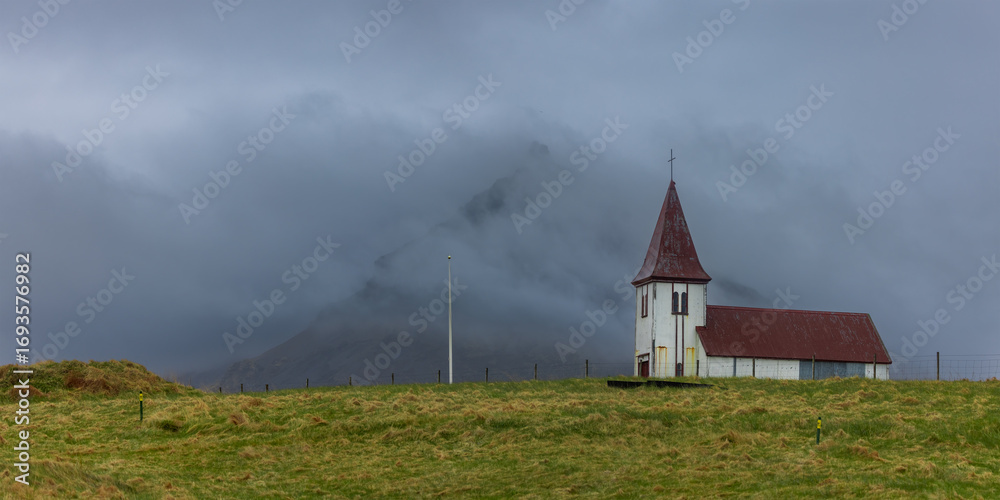 Fototapeta premium Old church in Hellnar, an ancient fishing village on Snefellsnes peninsula of Iceland.