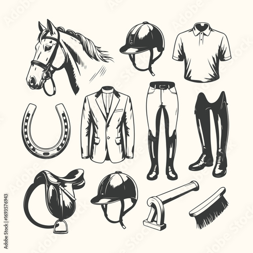 Vector art of equestrian equipment and horse head illustration