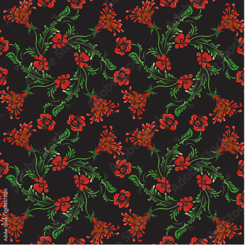 Vector floral seamless pattern from hand painted poppy flowers on a black background