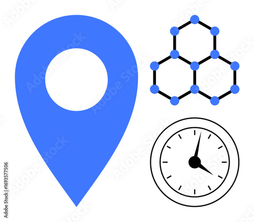 Bold blue location pin, hexagonal molecular diagram, and analog clock with black hands. Ideal for themes thumbs up navigation, science, time, technology, progress data education. A simple flat