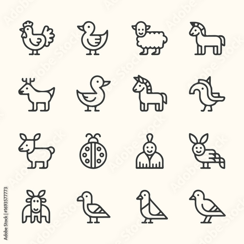Vector art of collection of farm animal and bird icons