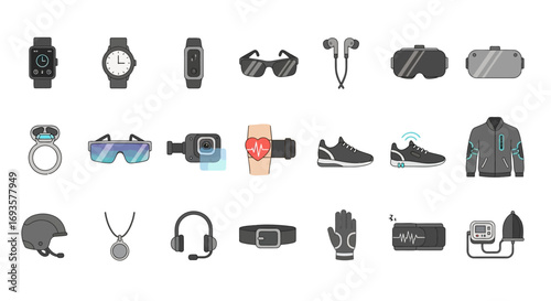 Collection of Flat Style Wearable Tech Icons - Watches, Glasses, Headphones, Fitness Trackers.