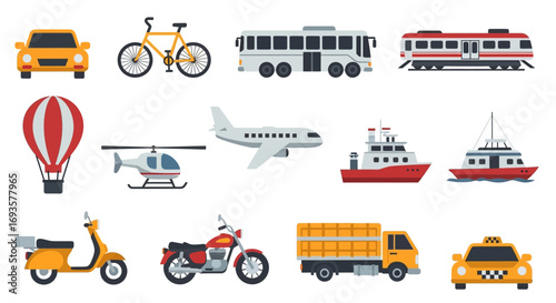 Colorful flat vector icon set of various transportation vehicles for land, air, and sea travel.