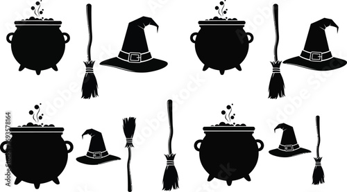 Seamless pattern of witch cauldrons, hats and brooms halloween with witchy elements, vector illustration