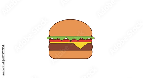 A simple flat design cartoon cheeseburger icon with lettuce, tomato, and a beef patty on a bun.
