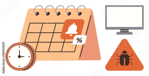 Table calendar with bell reminder, clock, monitor, and bug warning triangle emphasizing planning, productivity, and risk. Ideal for time management, task coordination, deadlines cybersecurity