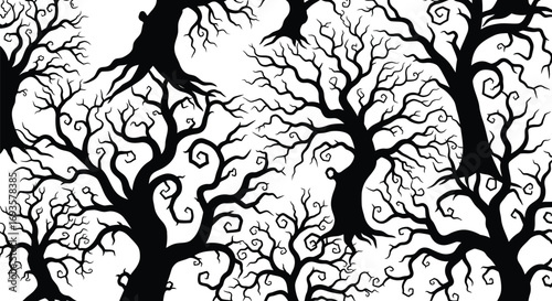 Seamless pattern of creepy bare trees, creating a spooky and eerie forest texture in black