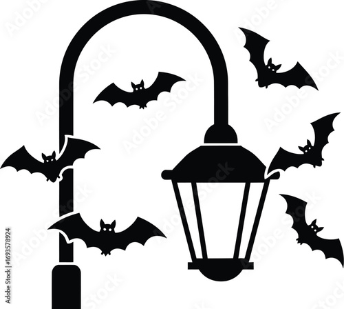 Halloween street lamp with bats spooky lamppost with flying bats for holiday decoration and celebration