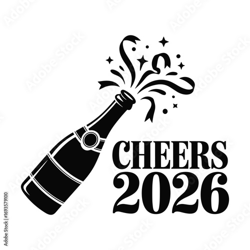 Champagne bottle exploding with confetti and stars celebrating the new year 2026