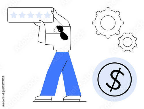 Person lifting a five-star rating block, joined by gear and dollar sign graphics. Ideal for service quality, customer satisfaction, performance evaluation, financial growth, productivity, teamwork