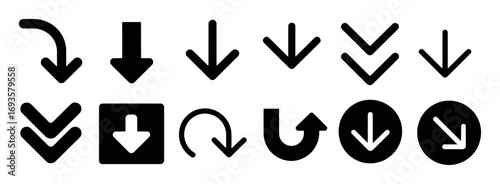 Collection of black and white download and direction arrow icons