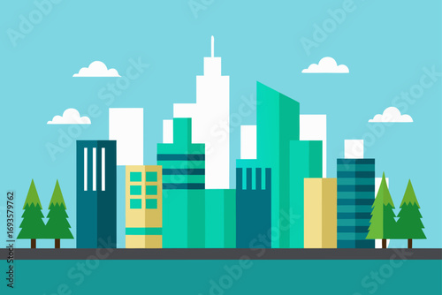 Flat cityscape with buildings and trees