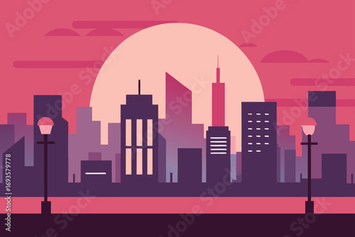 Silhouette city skyline at sunset scene