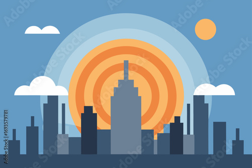 Cityscape at sunset with building skyline