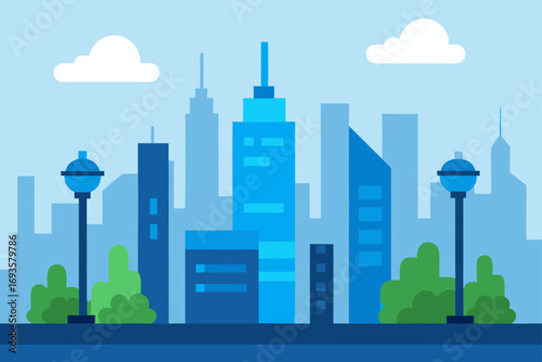 Cityscape with buildings and street lamps