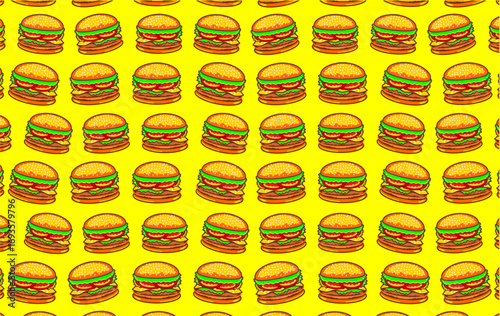Doodle burger pattern background. Seamless pattern of burger. Doodle cheese burger of hamburger pattern background. Burger pattern. Vector illustration.
