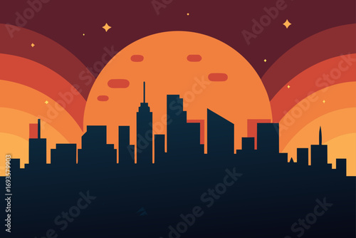 City skyline silhouette at sunset scene