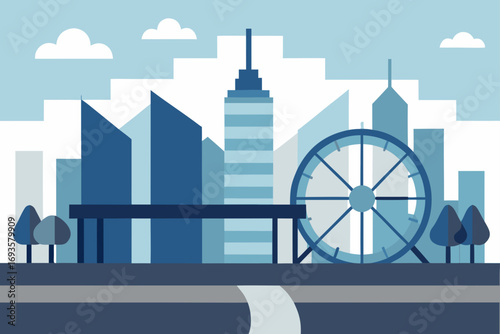 Cityscape with buildings and ferris wheel