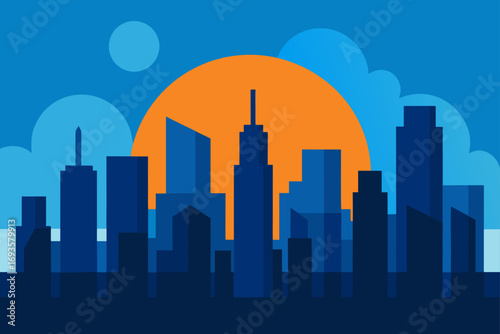 Cityscape silhouette with sunset backdrop