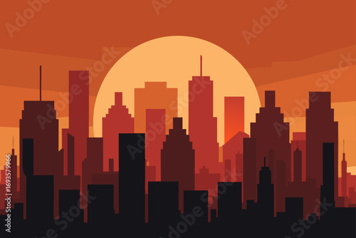 Cityscape silhouette against sunset glow