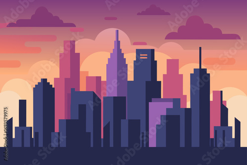 Cityscape silhouette with sunset colors