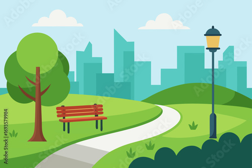 Illustration of a park with city skyline