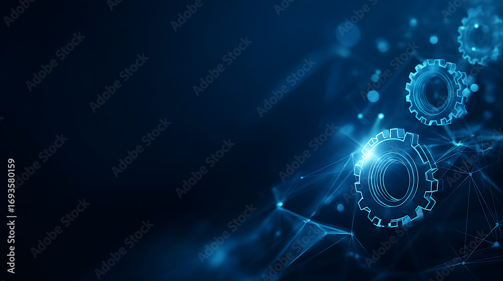Obraz premium Futuristic digital background with glowing neon blue gears on dark blue network pattern, symbolizing technology, automation, and advanced engineering.