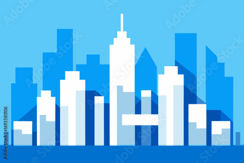 Stylized cityscape with blue and white hues