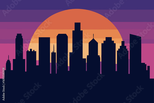 Silhouette of a city skyline at sunset
