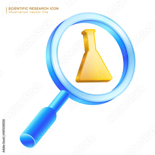 3D icon laboratory flask inside a blue glass magnifying. Represents scientific exploration, analysis, and discovery, making it ideal for research, lab, and chemistry related projects. Vector EPS.