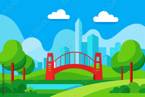 City park with bridge and skyline view