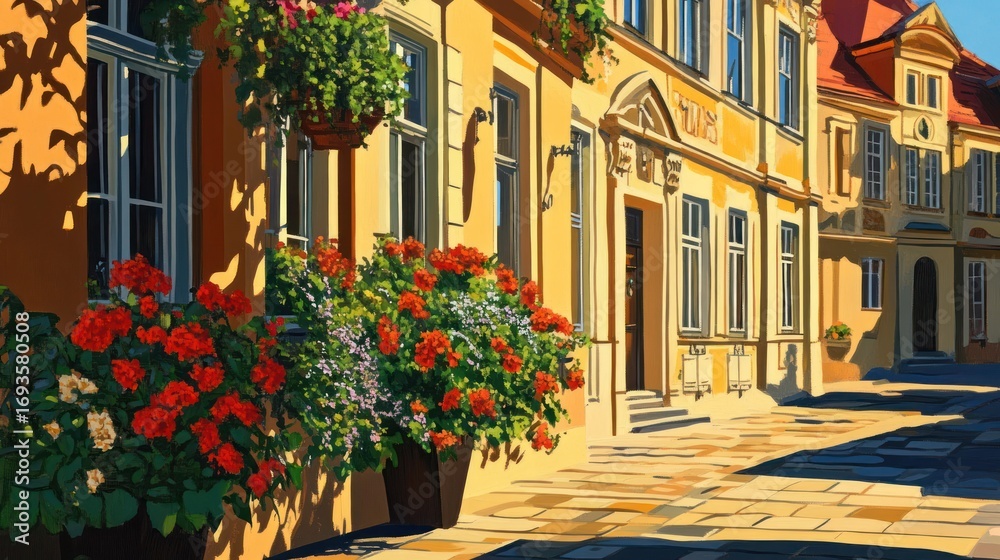 Fototapeta premium Sunny European Town Houses with Flowers
